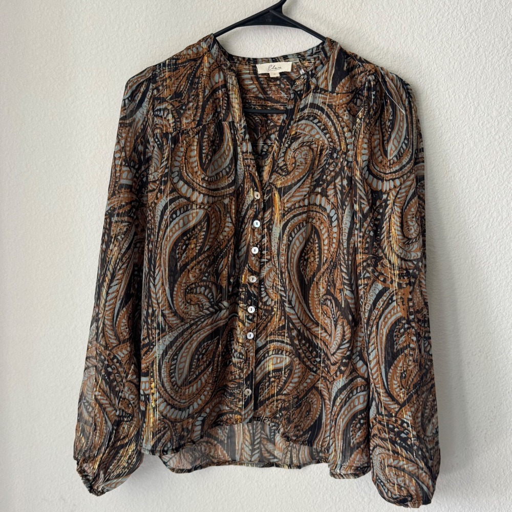 Elan Brown Paisley Gold Metallic Lurex Sheer Button Front Blouse Top Small